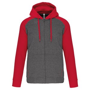PROACT PA380 - Unisex two-tone zipped hooded fleece jacket Grey Heather / Sporty Red